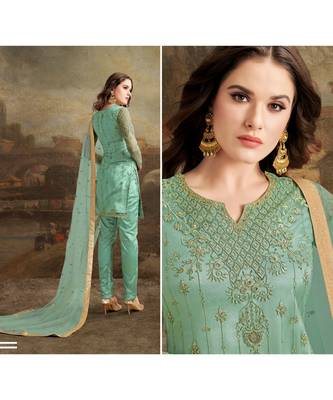 Green Embroidered Net Salwar With Dupatta 3