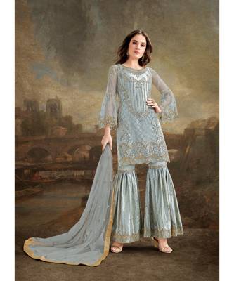 Grey Embroidered Net Salwar With Dupatta 1