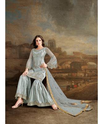 Grey Embroidered Net Salwar With Dupatta 3