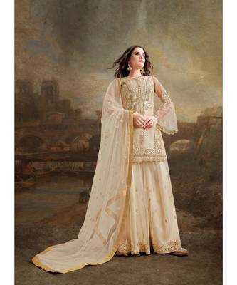 Cream Embroidered Net Salwar With Dupatta 1