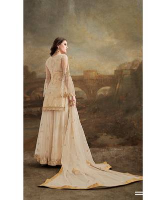 Cream Embroidered Net Salwar With Dupatta 2