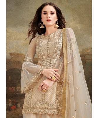Cream Embroidered Net Salwar With Dupatta 3