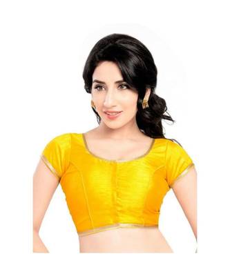 Yellow with  lace border  banglori silk unstiched blouse fabric 1