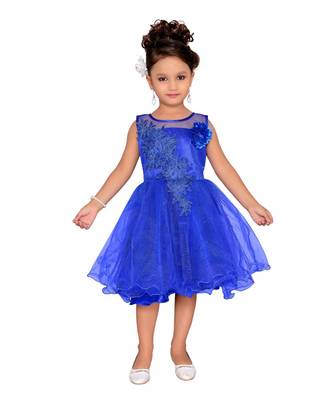 Blue Embroidered Nylon Kids Frocks 1
