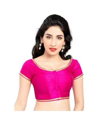 pinl with  lace border  banglori silk unstiched blouse fabric 1