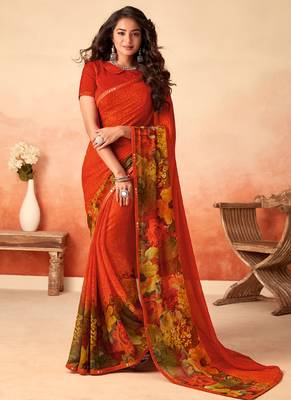 Red printed georgette saree with blouse 1