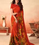 Red printed georgette saree with blouse