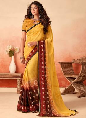 Yellow printed georgette saree with blouse 1