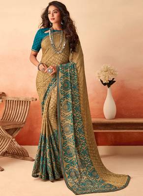 Beige printed georgette saree with blouse 1