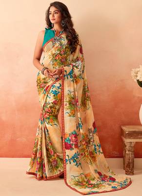 Beige printed georgette saree with blouse 1