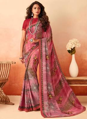 Pink printed georgette saree with blouse 1