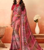 Pink printed georgette saree with blouse
