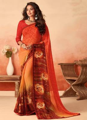 Orange printed georgette saree with blouse 1