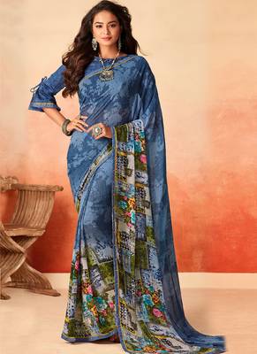 Blue printed georgette saree with blouse 1