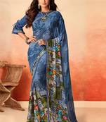 Blue printed georgette saree with blouse