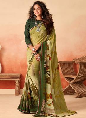 Green printed georgette saree with blouse 1