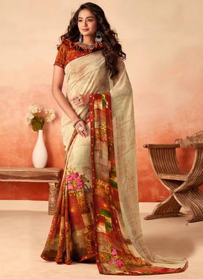 Beige printed georgette saree with blouse 1