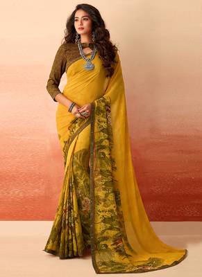 Yellow printed georgette saree with blouse 1