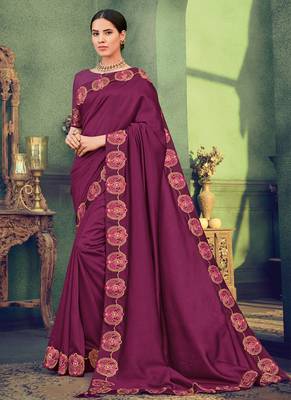 Purple embroidered silk saree with blouse 1