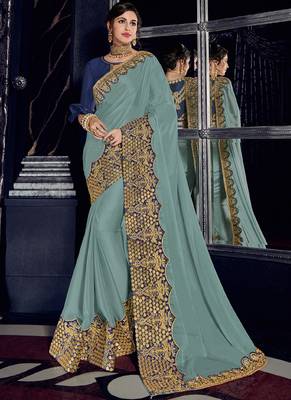 Grey embroidered georgette saree with blouse 1