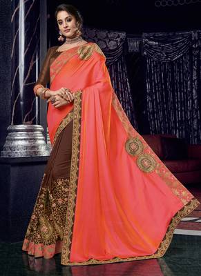 Brown embroidered silk saree with blouse 1