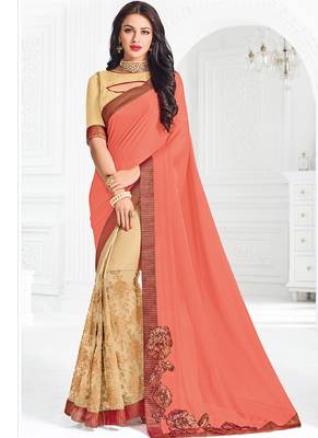 Beige embroidered silk saree with blouse 1