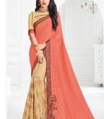Beige embroidered silk saree with blouse