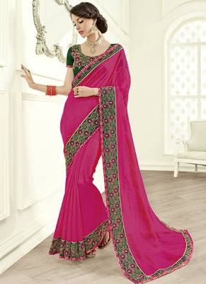 Pink embroidered silk saree with blouse 1