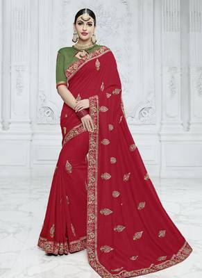 Red embroidered chiffon saree with blouse 1