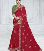 Red embroidered chiffon saree with blouse