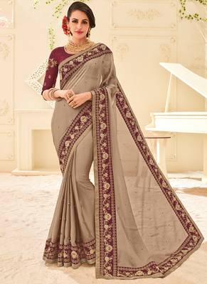 Brown embroidered chiffon saree with blouse 1