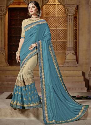 Blue embroidered silk saree with blouse 1