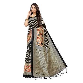 Black printed art silk saree with blouse 1