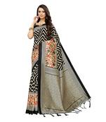 Black printed art silk saree with blouse