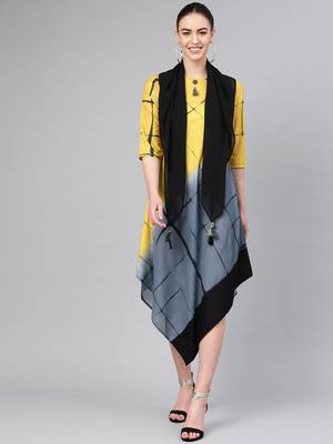 Yellow printed polyester long-kurtis 1