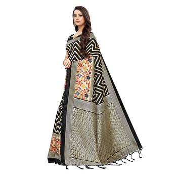 Black printed art silk saree with blouse 2