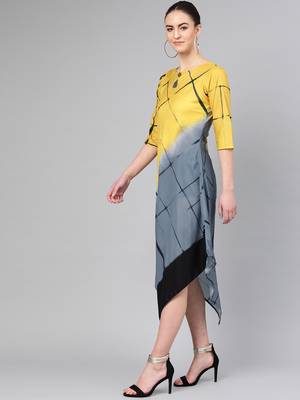 Yellow printed polyester long-kurtis 3