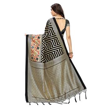 Black printed art silk saree with blouse 4
