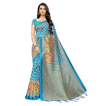 Blue printed art silk saree with blouse 1