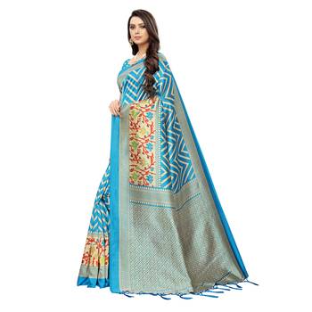 Blue printed art silk saree with blouse 2