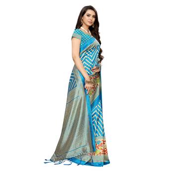 Blue printed art silk saree with blouse 3