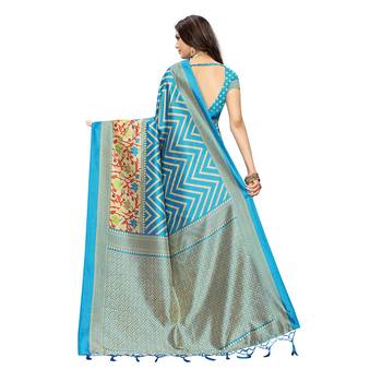 Blue printed art silk saree with blouse 4
