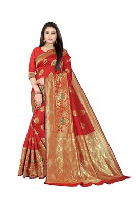  red woven jacquard saree with blouse 1