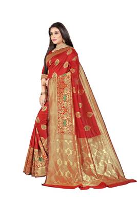  red woven jacquard saree with blouse 2