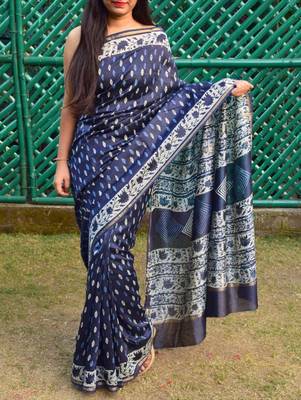 Indigo Printed Chanderi Saree With Blouse 1