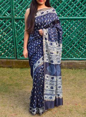 Indigo Printed Chanderi Saree With Blouse 2