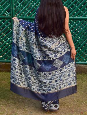 Indigo Printed Chanderi Saree With Blouse 3