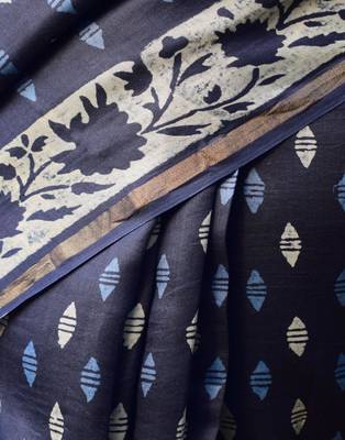 Indigo Printed Chanderi Saree With Blouse 4