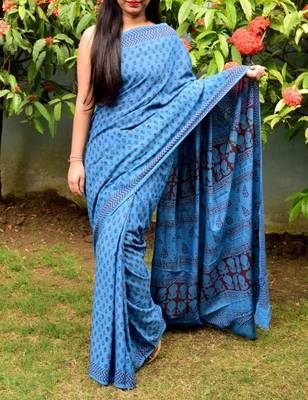 Blue Printed Cotton Saree With Blouse 1