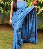 Blue Printed Cotton Saree With Blouse